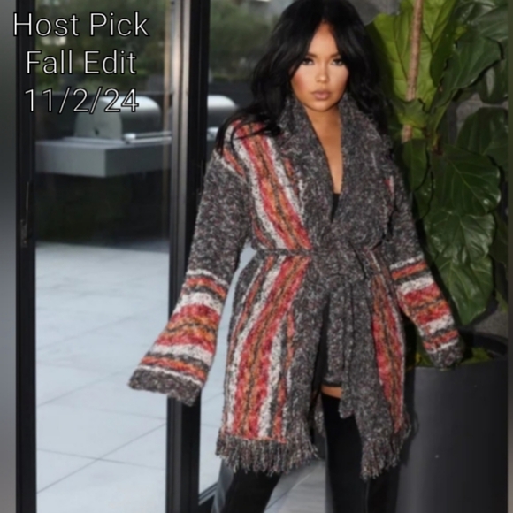 POL Sweaters - POL Belted Fringe Cardigan Sweater sz med